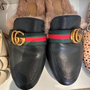 Black Leather Loafers with Fur Trim